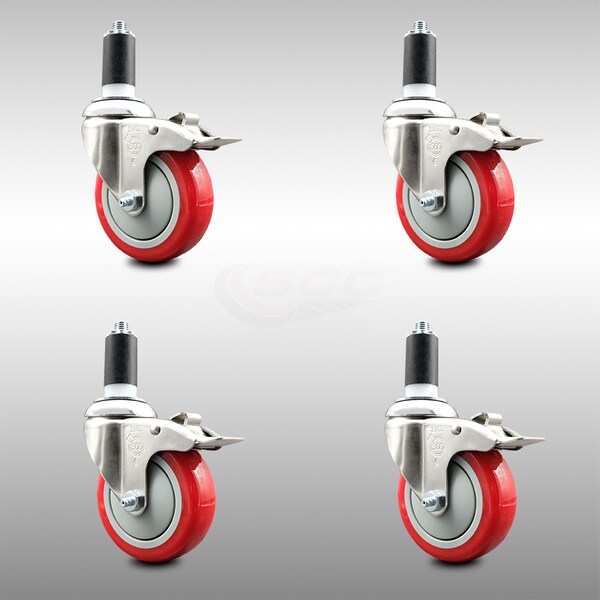 Service Caster 4 Inch 316SS Red Poly Swivel 1-3/8 Inch Expanding Stem Caster Set Lock Brake SCC-SS316TTLEX20S414-PPUB-RED-138-4 - main